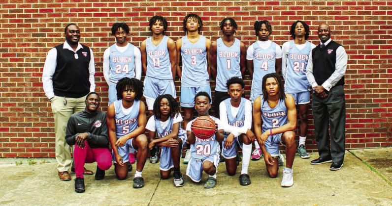 BLOCK HIGH School boys basketball team pictured above kneeling from left to right Manager Timauryon Conner, Marquese Bullits, Aiden Long, Kaden Collins, Jayden Finister, and Kristian Osteen. Standing from left to right Coach Christopher Sherman, McCai Maxon, Bryan Bowie, Caleb Henderson, Jamarious Jefferson, Korin Colllins, Antonia Barber, and Coach Leodis Norman.